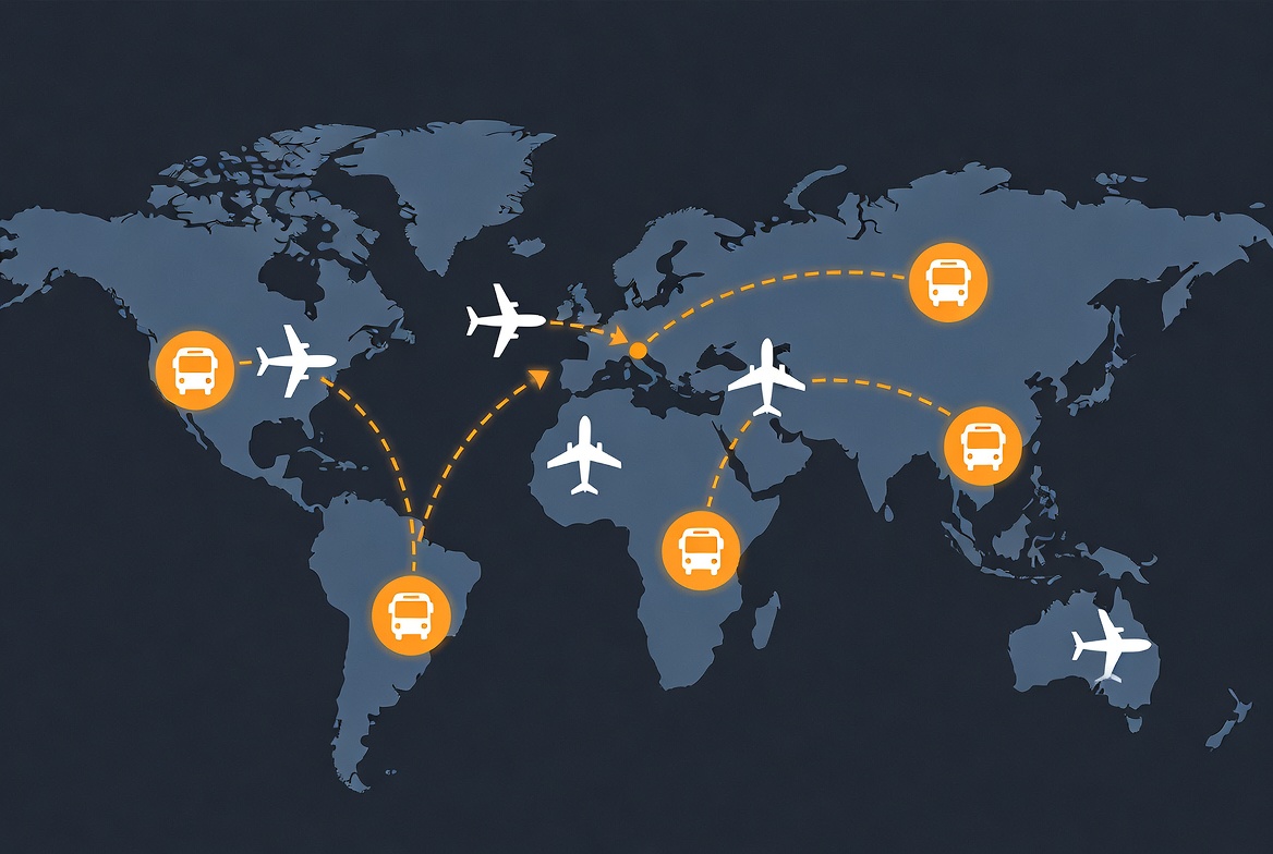Global world map showing City Tours emergency bus network connecting airports worldwide for flight disruption assistance